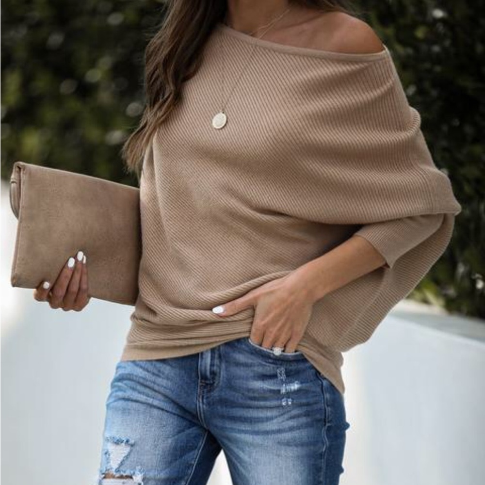 women tan knit off shoulder shirt tops loose casual sweater